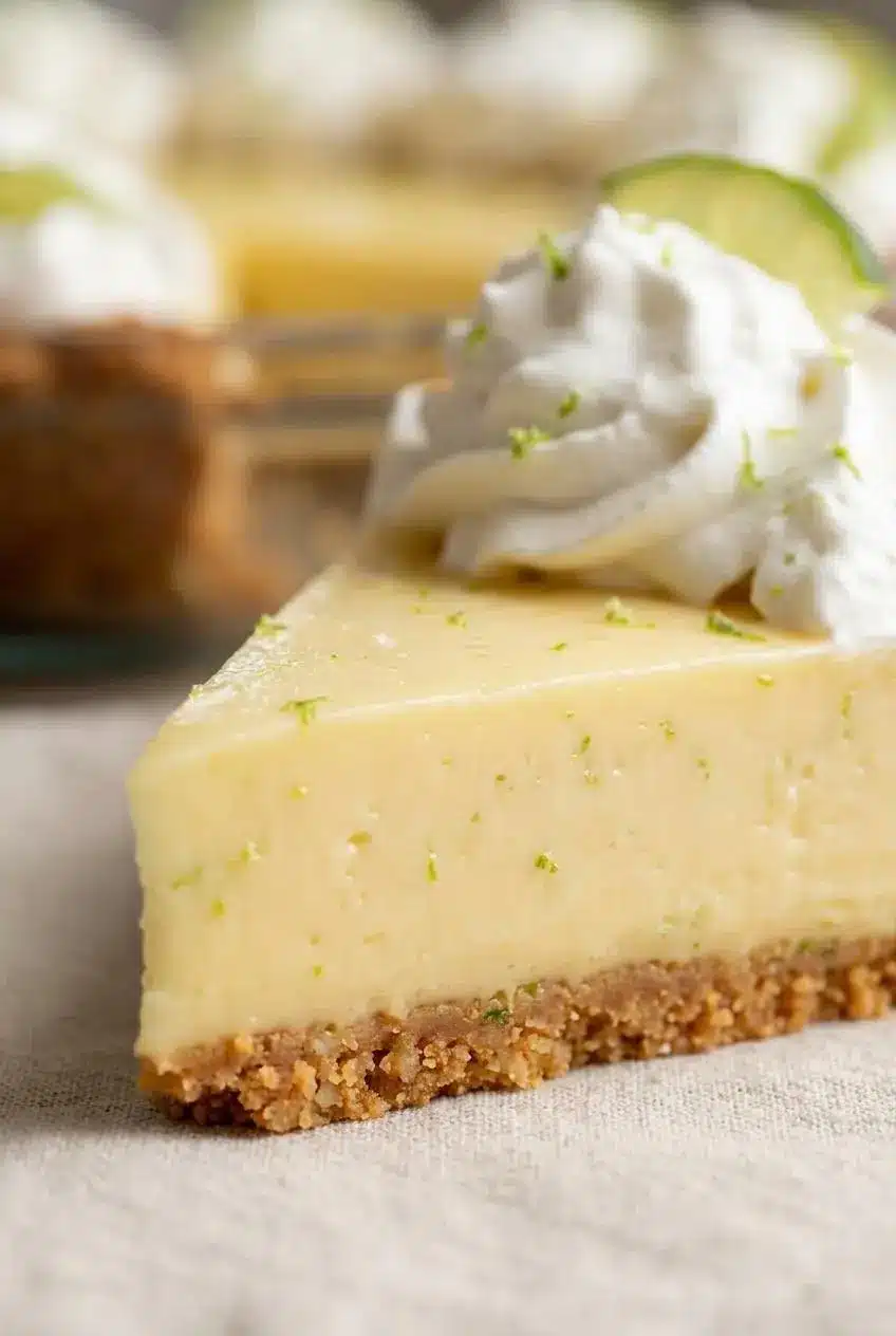 Close-up of silky pale yellow key lime custard with fine zest flecks on a macadamia graham crust.