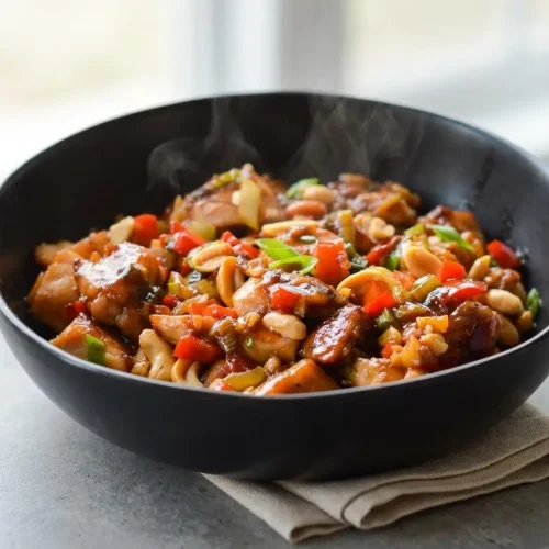 Kung pao chicken recipe with tender chicken, crisp bell peppers, and roasted peanuts in a glossy sauce.
