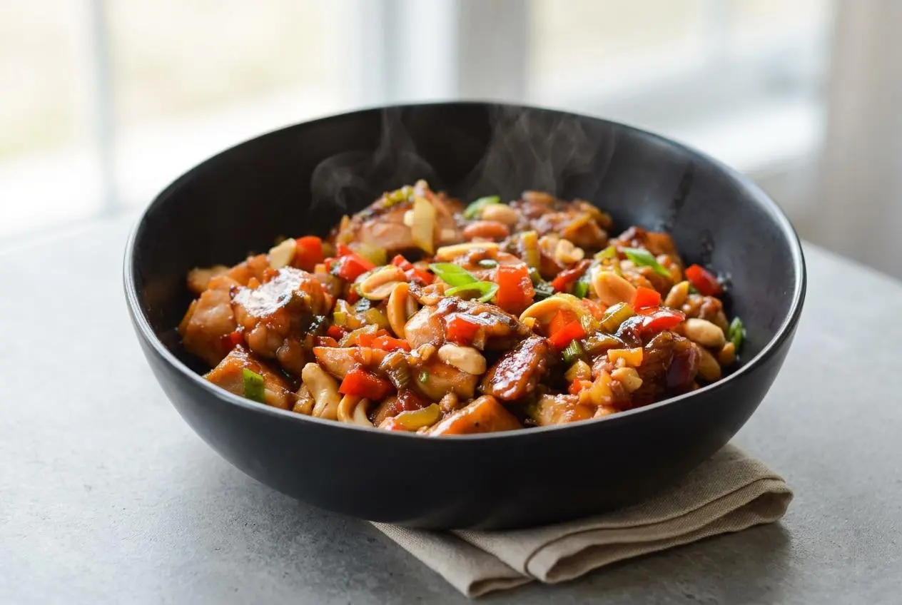 Kung pao chicken recipe with tender chicken, crisp bell peppers, and roasted peanuts in a glossy sauce.