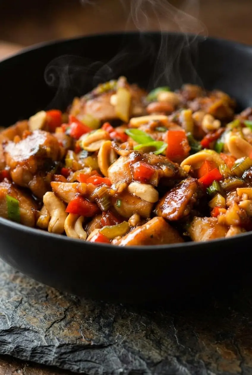 Close-up of glazed kung pao chicken pieces with diced red bell peppers and crunchy roasted peanuts.