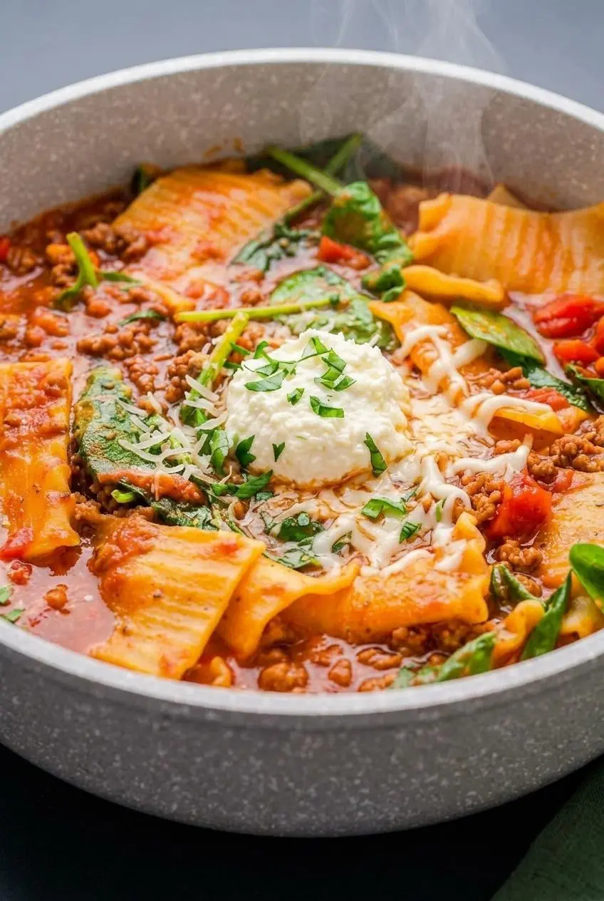 Close-up of a creamy ricotta, mozzarella, and parmesan topping melting into hot, bubbling lasagna soup.