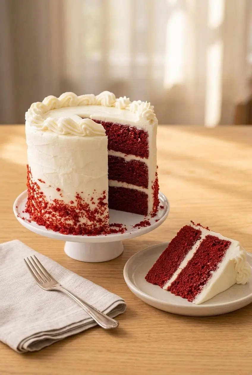 Sliced red velvet cake on a ceramic stand with neat cream cheese frosting layers.