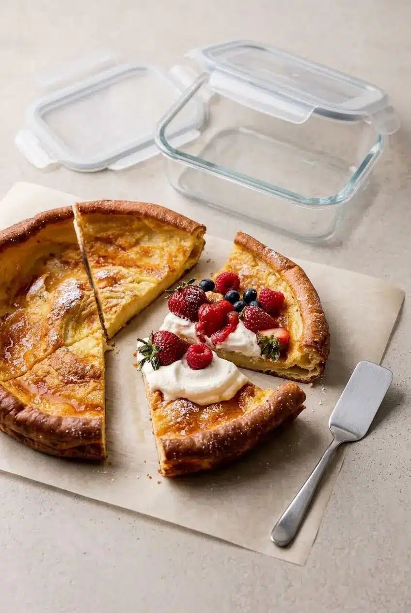 Sliced wedges of Dutch pancake on parchment paper beside an airtight glass storage container on a counter.