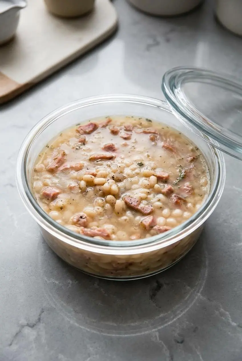 Chilled navy bean soup stored in a clear glass airtight meal prep container on a quartz countertop.