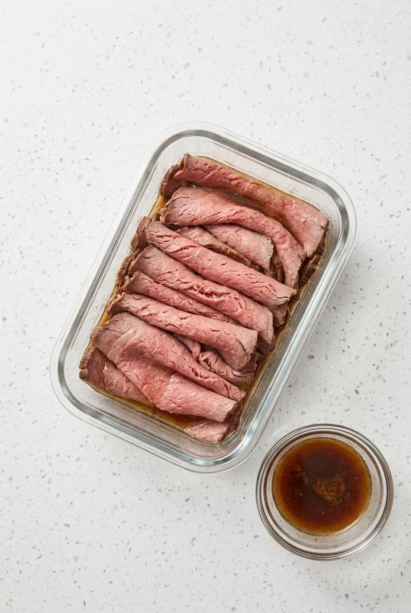 Thin slices of leftover roast beef arranged in a glass storage container with natural pan juices.