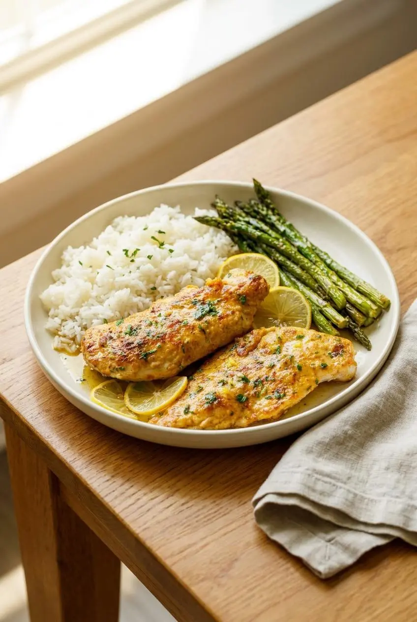 A plate of golden lemon pepper chicken served alongside fluffy steamed white rice and roasted green asparagus spears.