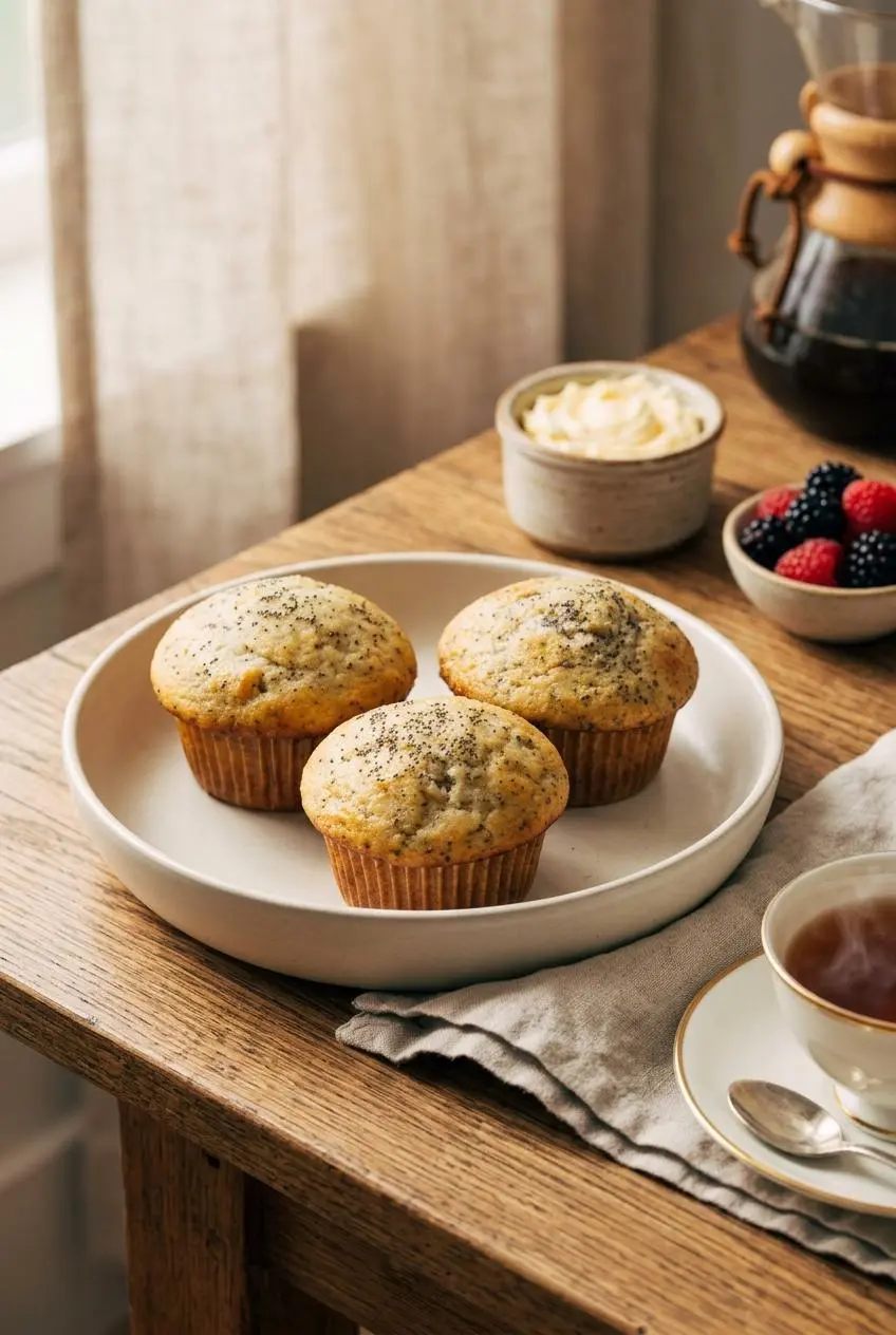 Lemon poppy seed muffins on a platter served with whipped honey butter, berries, and hot tea.