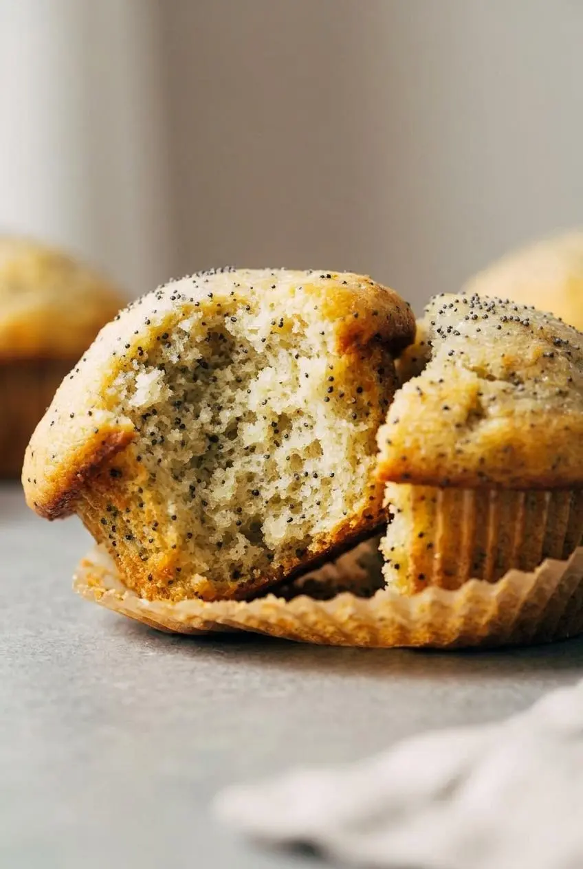 Tender crumb texture inside a halved lemon poppy seed muffin speckled with poppy seeds.