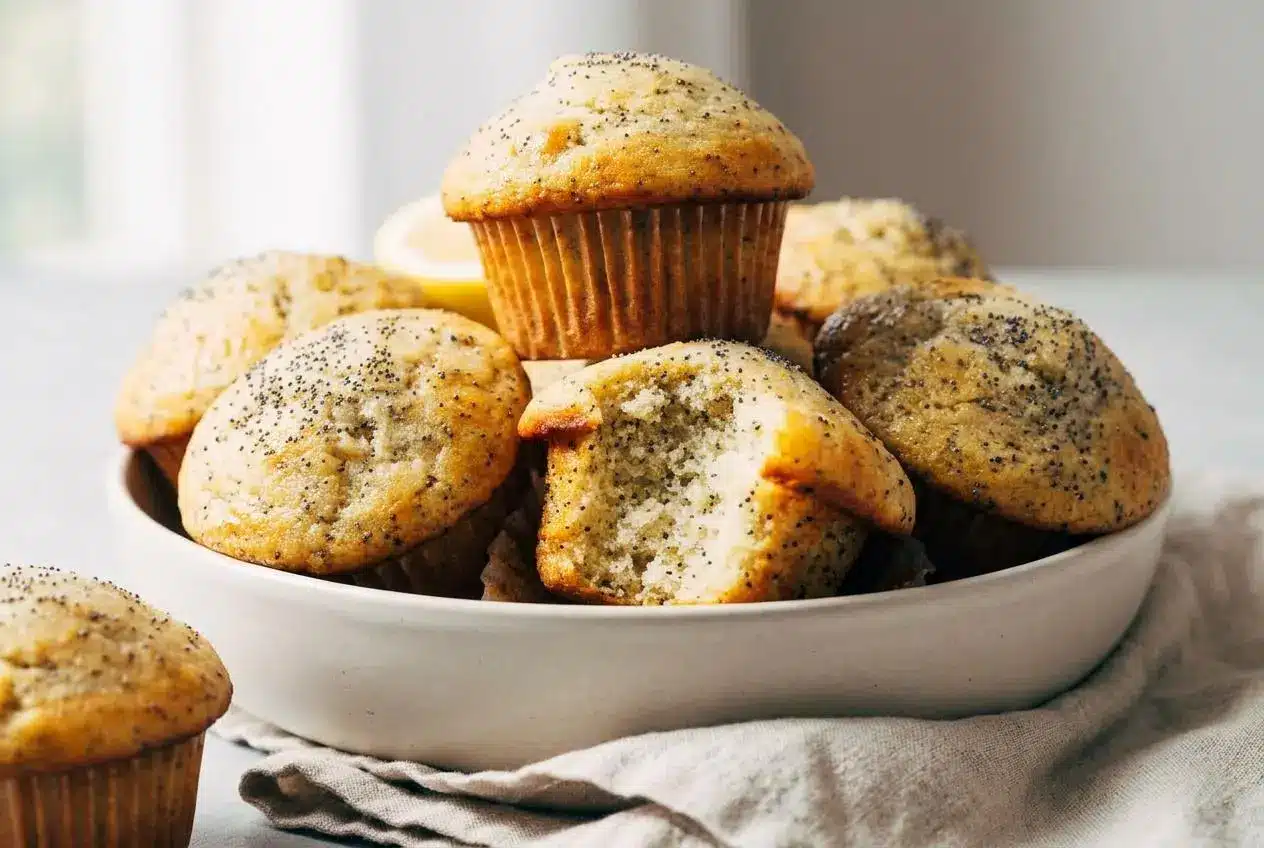 Freshly baked lemon poppy seed muffins with tall domed tops and a light glossy citrus glaze.