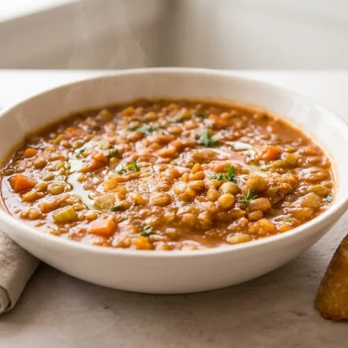 Hearty lentil soup recipe in a ceramic bowl featuring a velvety broth and tender brown lentils.