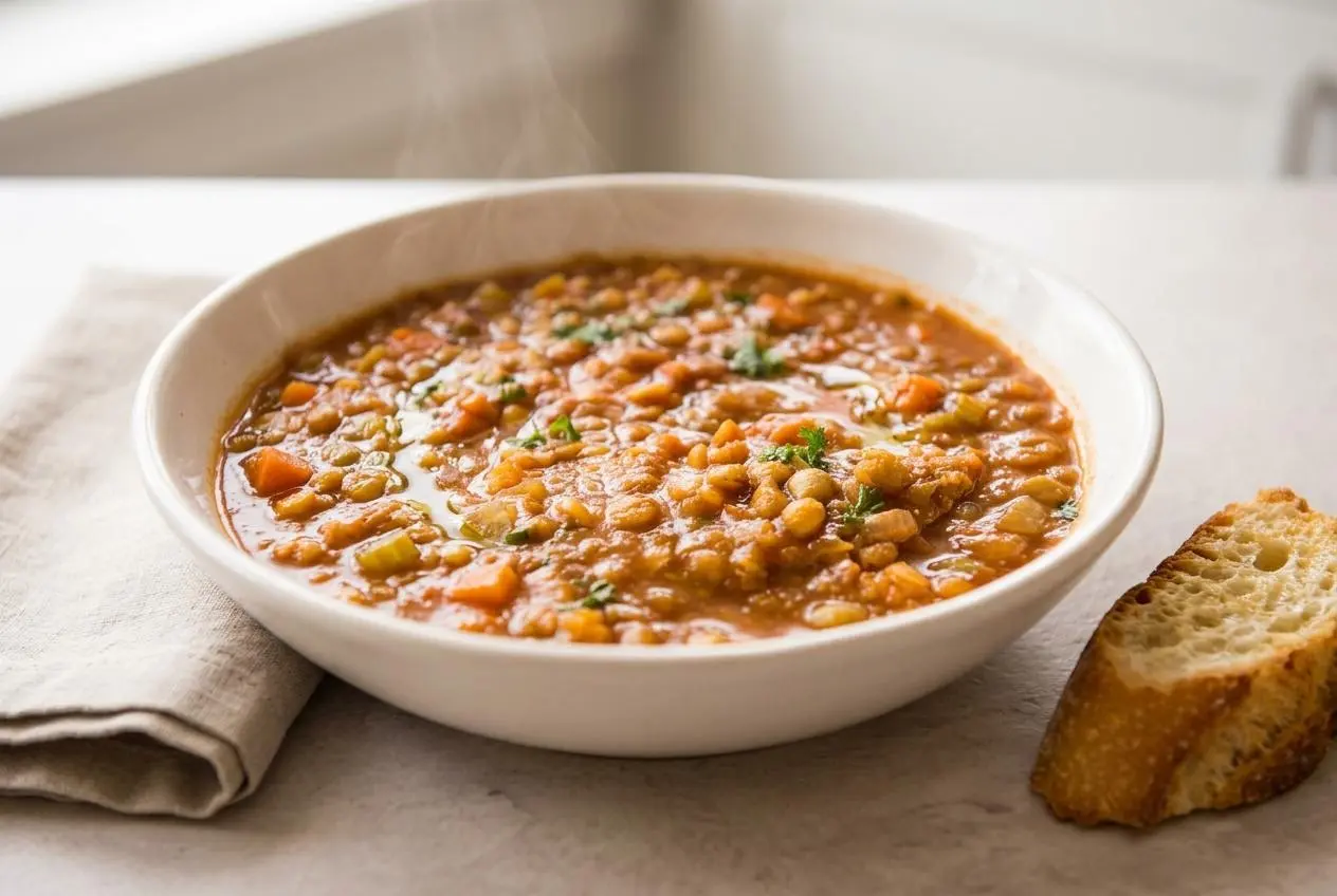 Hearty lentil soup recipe in a ceramic bowl featuring a velvety broth and tender brown lentils.