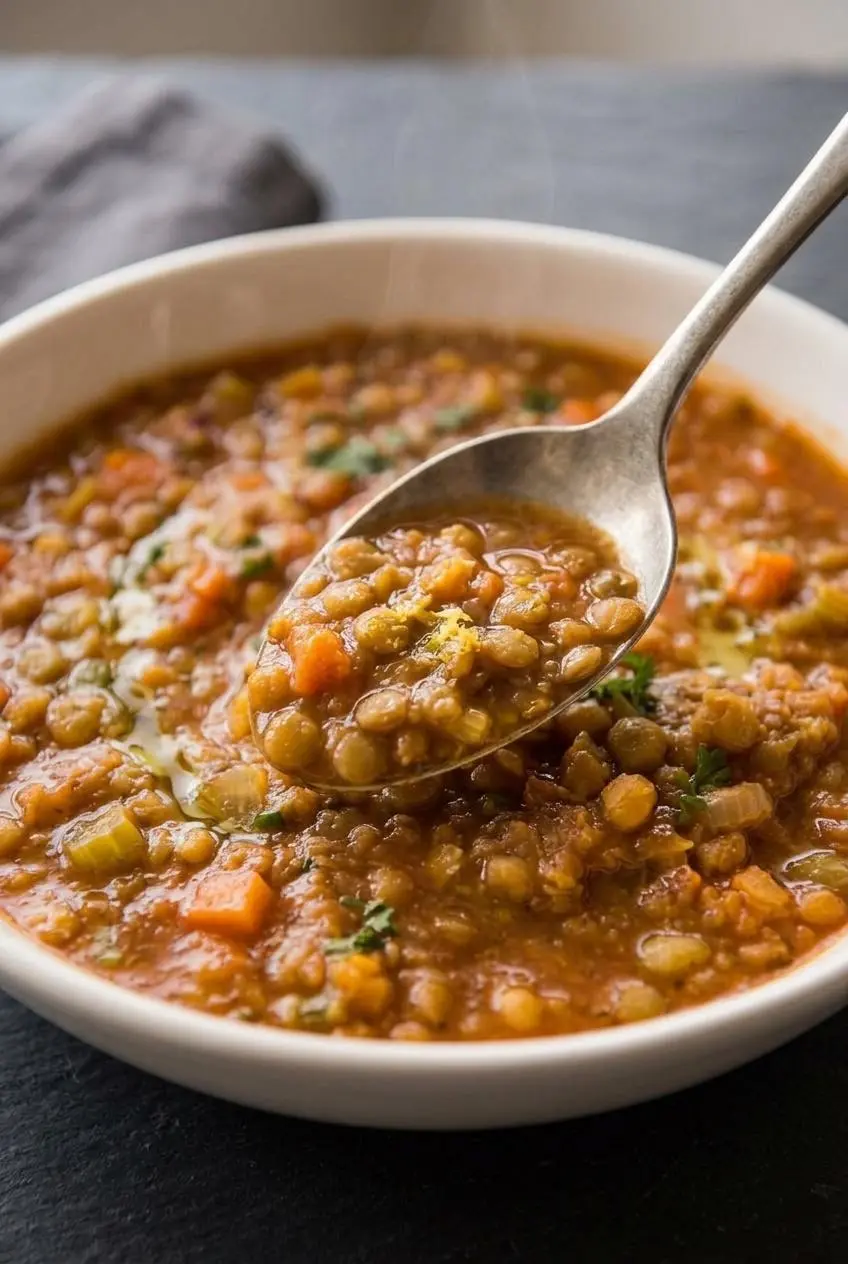 Spoon dipping into thick lentil soup showing tender brown lentils and softened diced carrots.