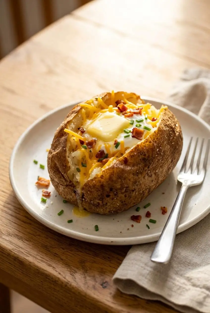 Loaded baked potato topped with melted butter, sour cream, shredded cheddar cheese, bacon, and chives.
