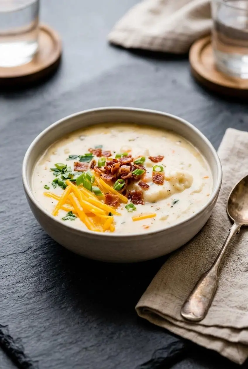 Loaded potato soup in a ceramic bowl topped with shredded cheddar cheese, crispy bacon bits, and chopped green onions.