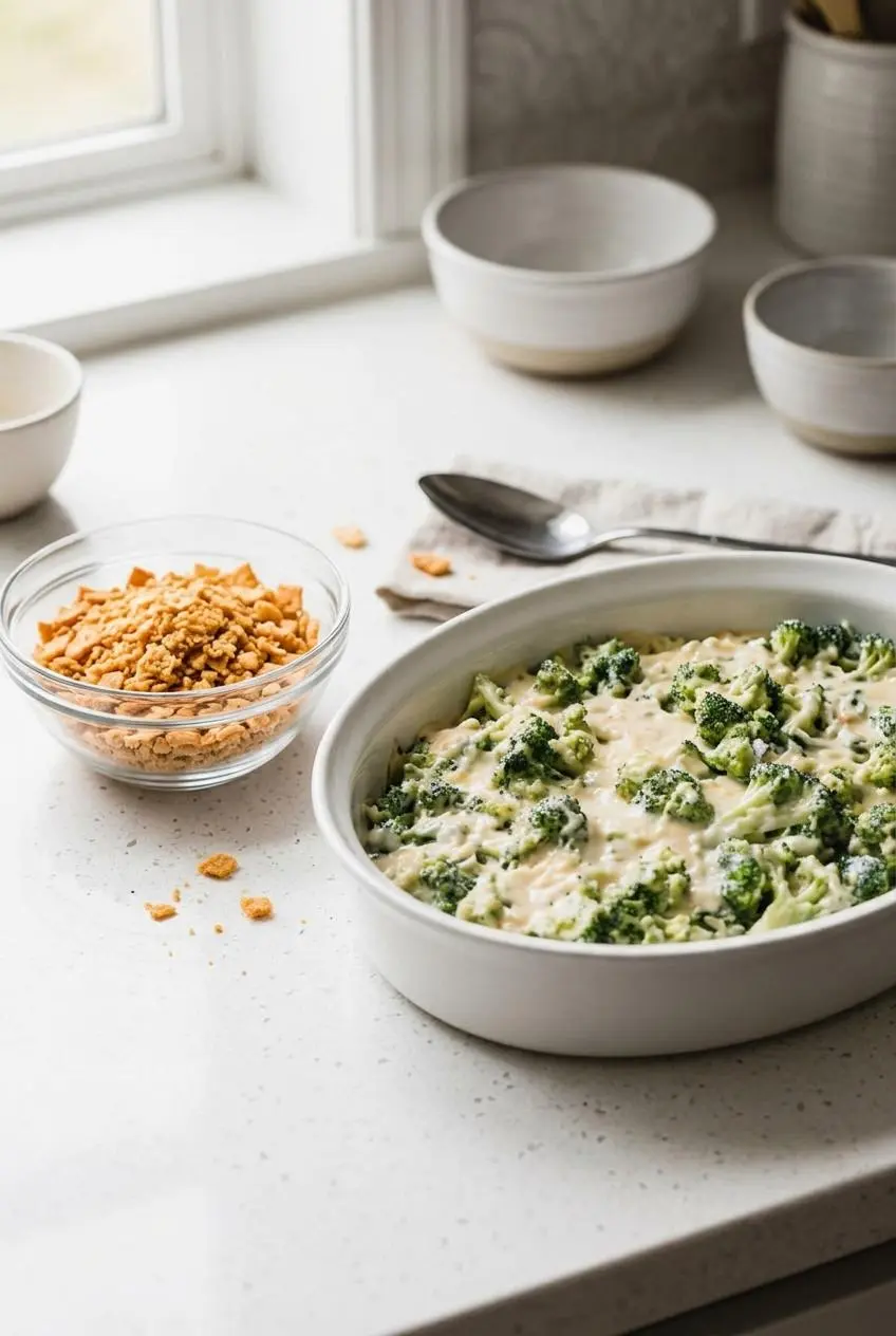 Unbaked broccoli cheese casserole base in a ceramic dish next to a bowl of crushed crackers for prep.