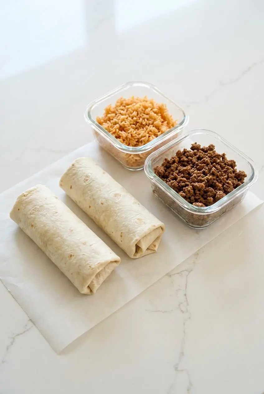 Two un-grilled flour burritos on parchment next to meal prep containers of Spanish rice and seasoned ground beef.
