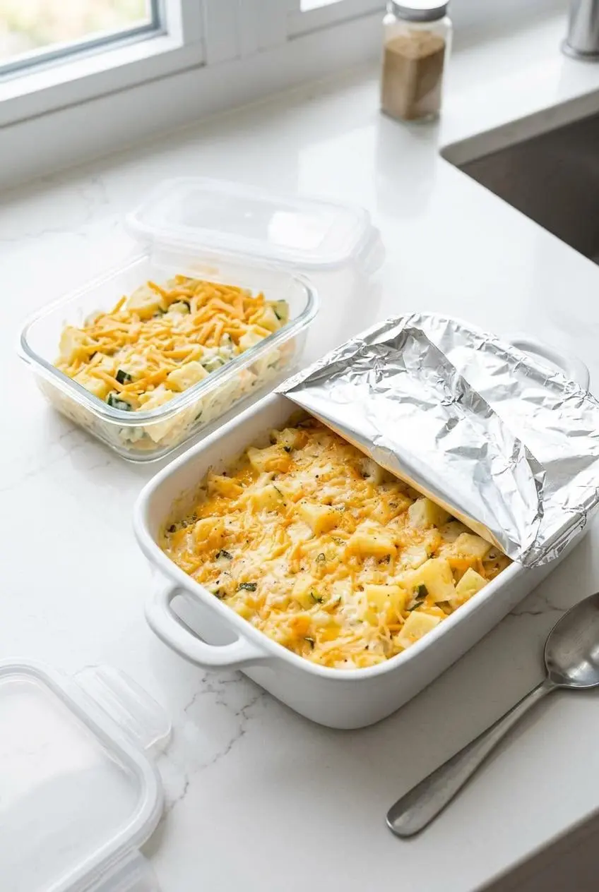Unbaked cheesy potato casserole in a baking dish covered with foil beside a glass storage container.