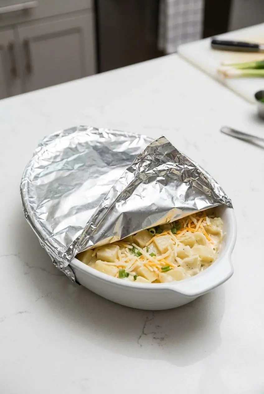 Unbaked cheesy potato casserole in a white dish, covered with aluminum foil with one corner folded back.