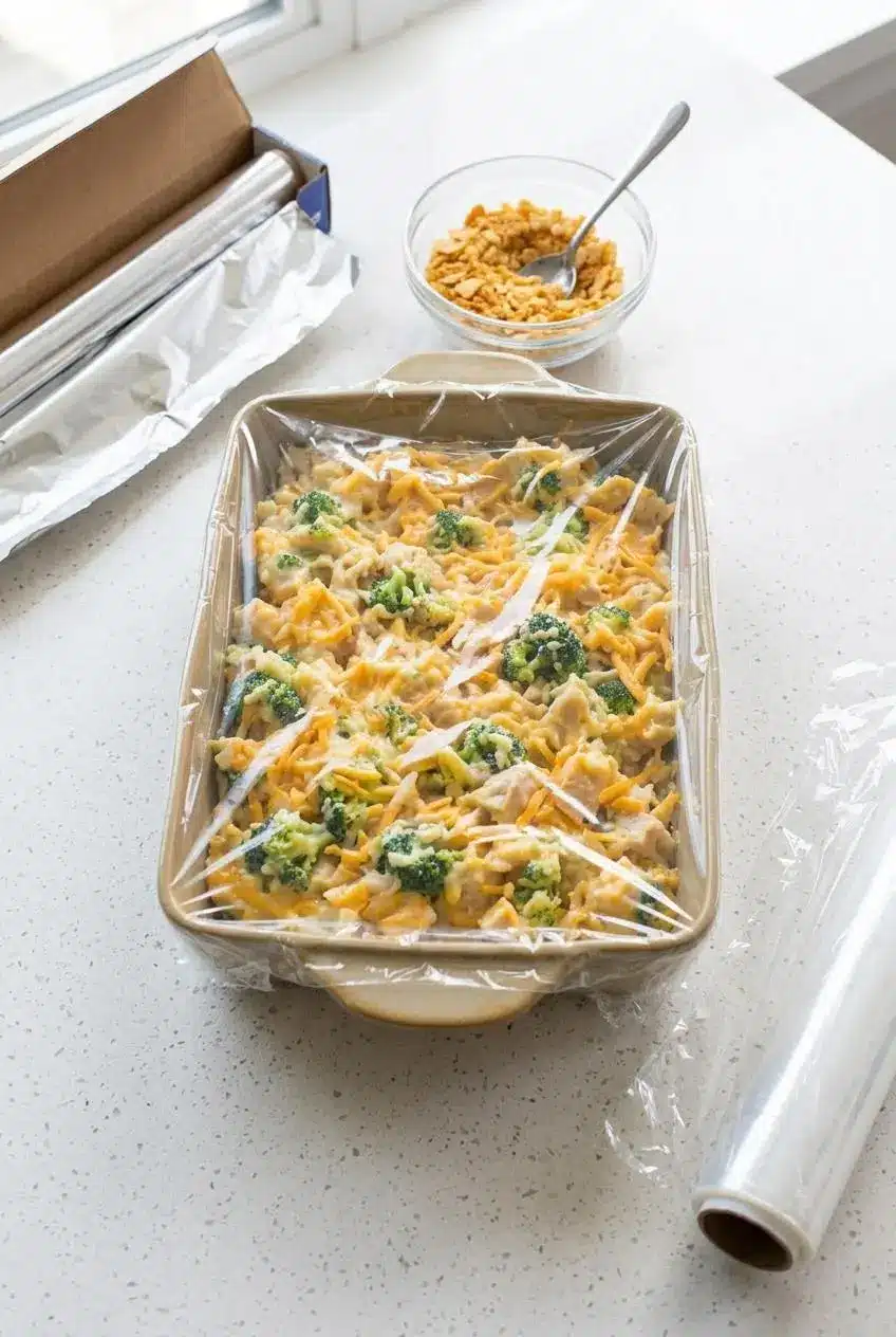 Assembled unbaked chicken broccoli rice casserole dish beside a bowl of crushed cracker topping.