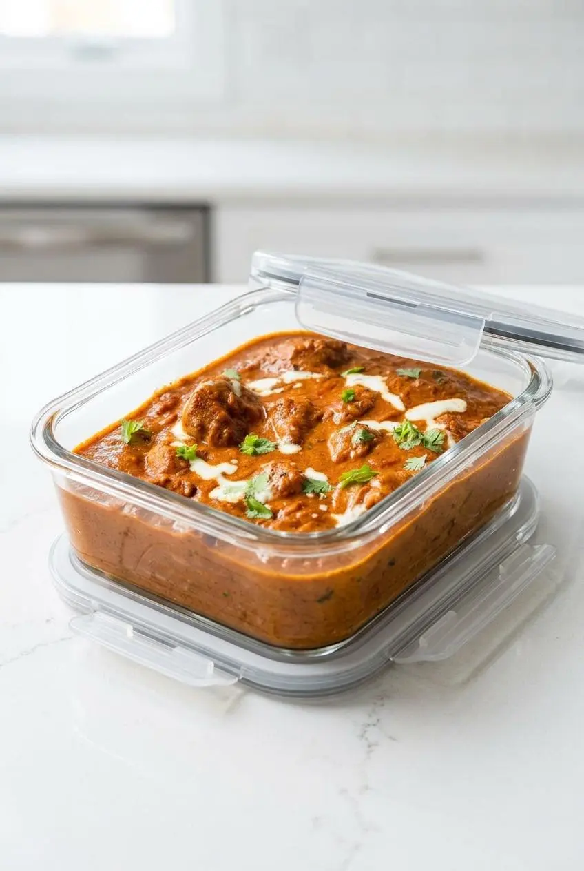 Glass meal prep container filled with freshly cooked chicken tikka masala for make-ahead storage.