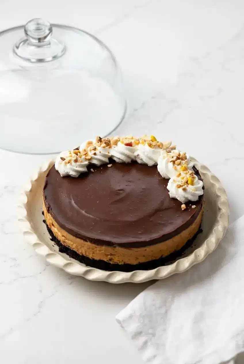 Chilled peanut butter pie resting in a pie dish on a countertop beside a glass dome lid.