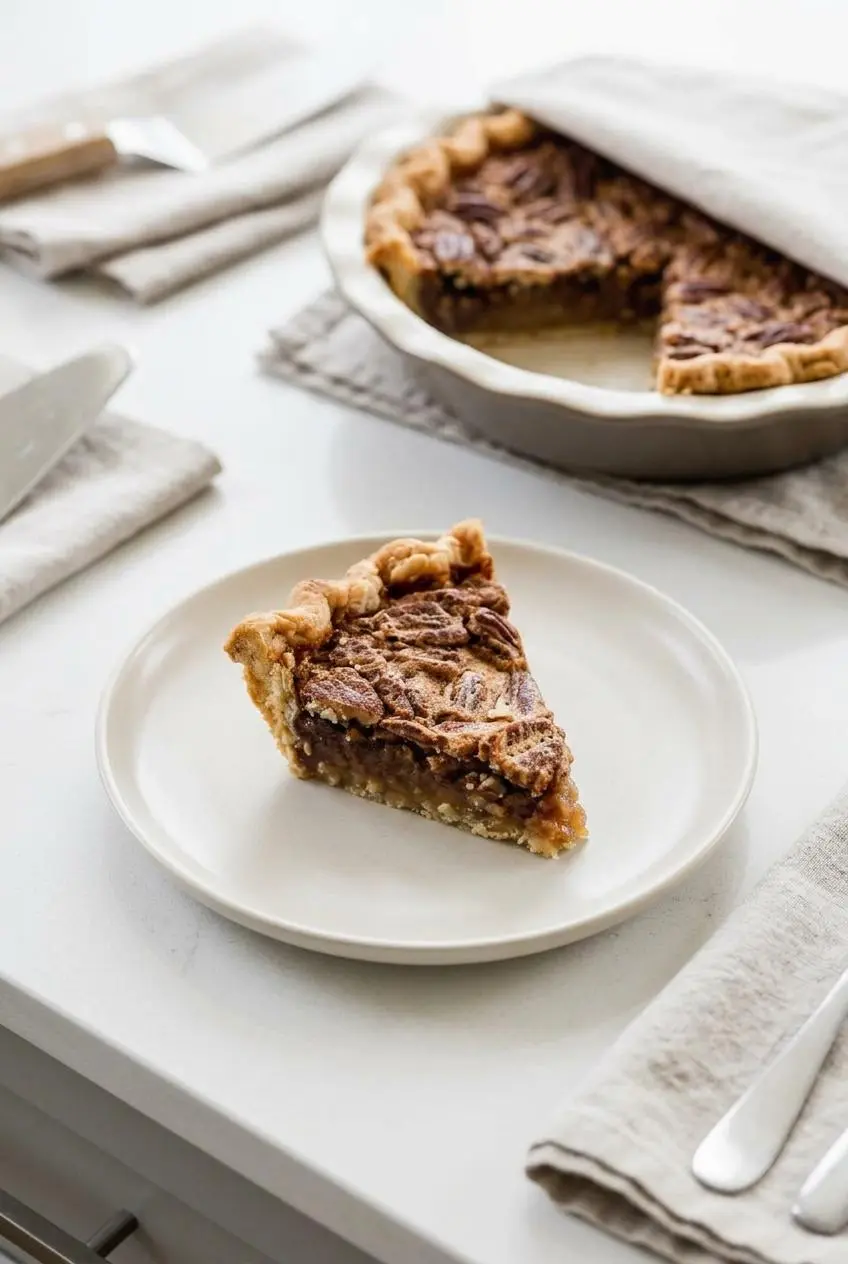 Neat slice of chilled pecan pie on a ceramic plate, illustrating firm make-ahead storage results.