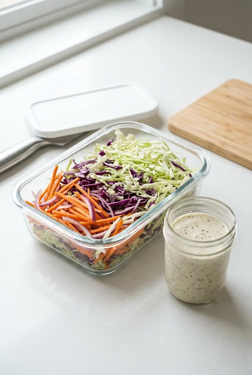 Shredded cabbage and carrots in a glass container next to a jar of creamy dressing for meal prep.