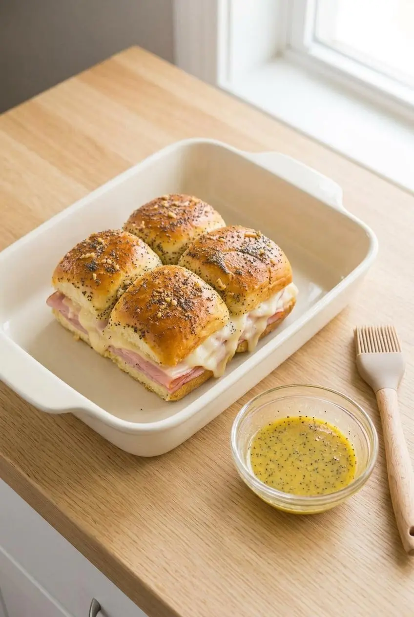 Assembled unbaked ham and cheese sliders in a ceramic dish next to a bowl of poppyseed glaze and a pastry brush.