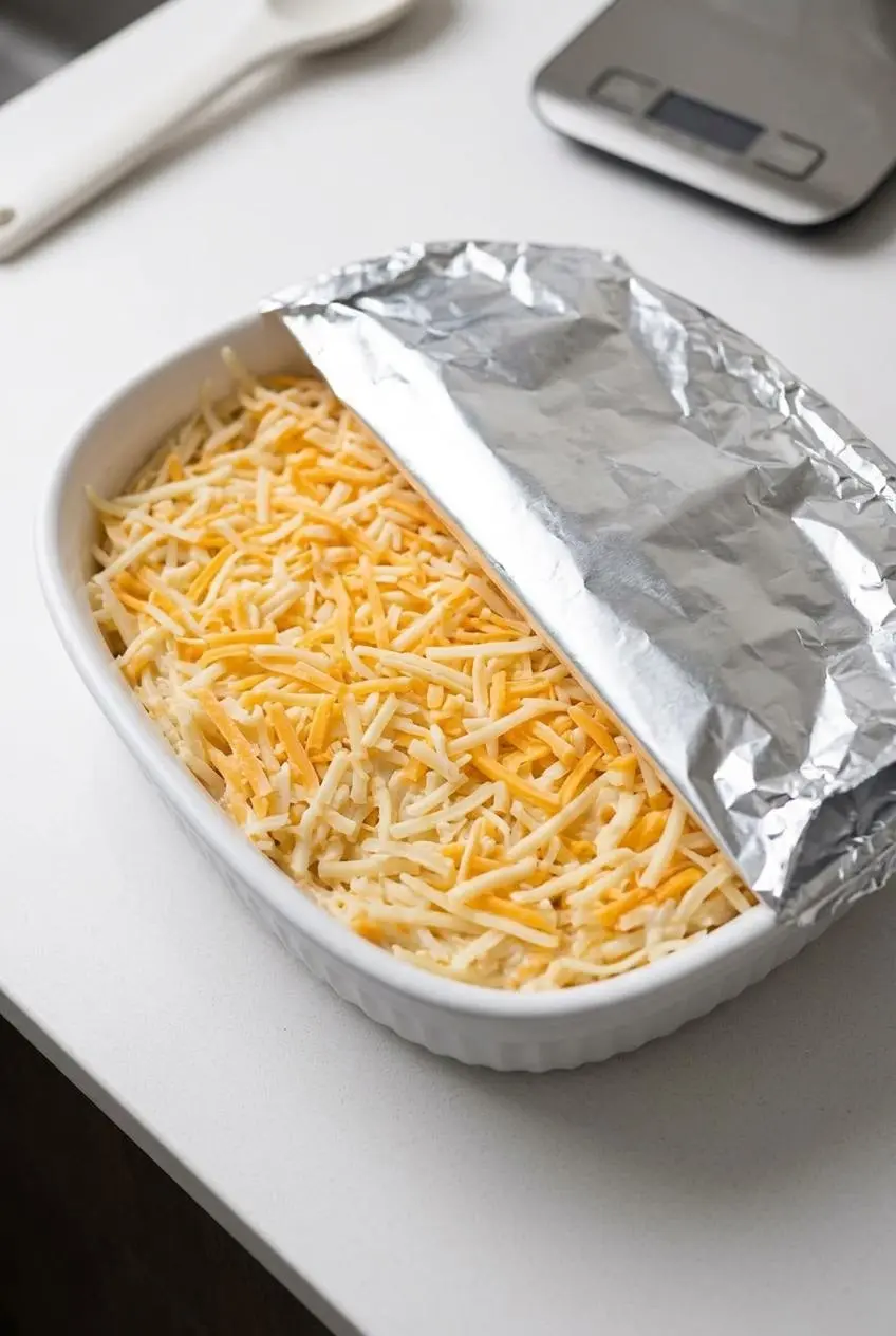 Assembled unbaked hashbrown casserole in a baking dish covered halfway with foil for make-ahead meal prep.