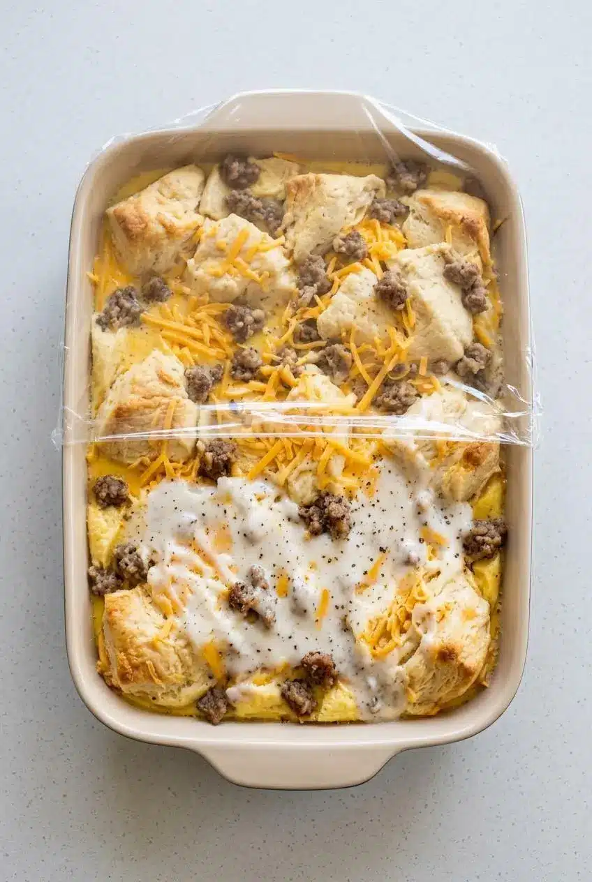 Assembled biscuits and gravy casserole layered in a baking dish with wrap for overnight chilling.