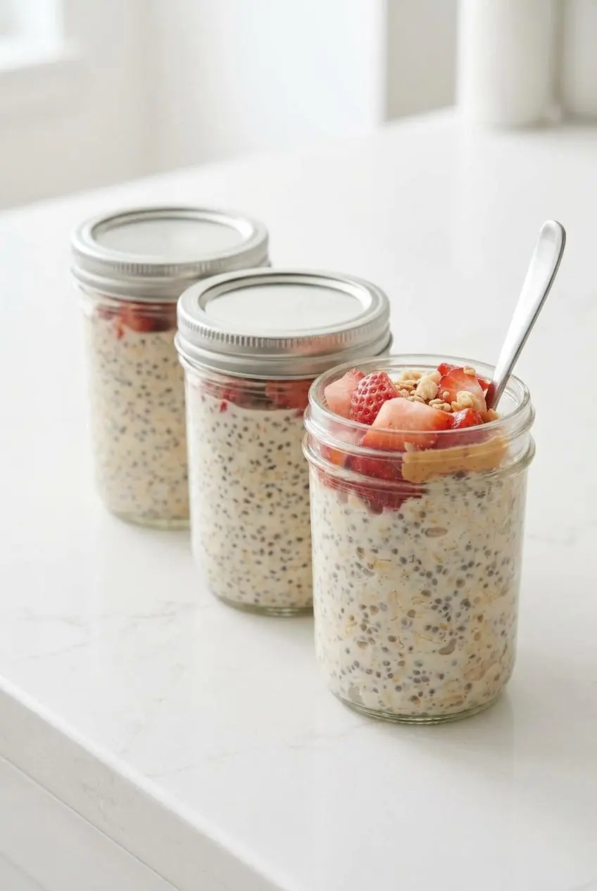Three glass mason jars filled with meal prep overnight oats on a kitchen counter.