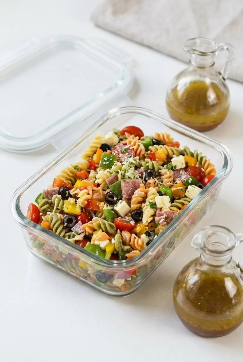 Meal prep glass container filled with pasta salad beside a small jar of reserved vinaigrette.