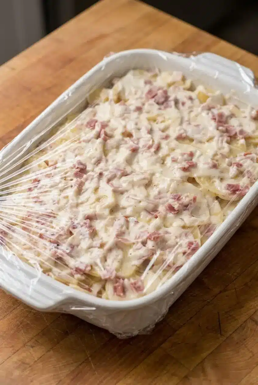 Assembled scalloped potatoes and ham in a baking dish covered tightly with clear plastic wrap.