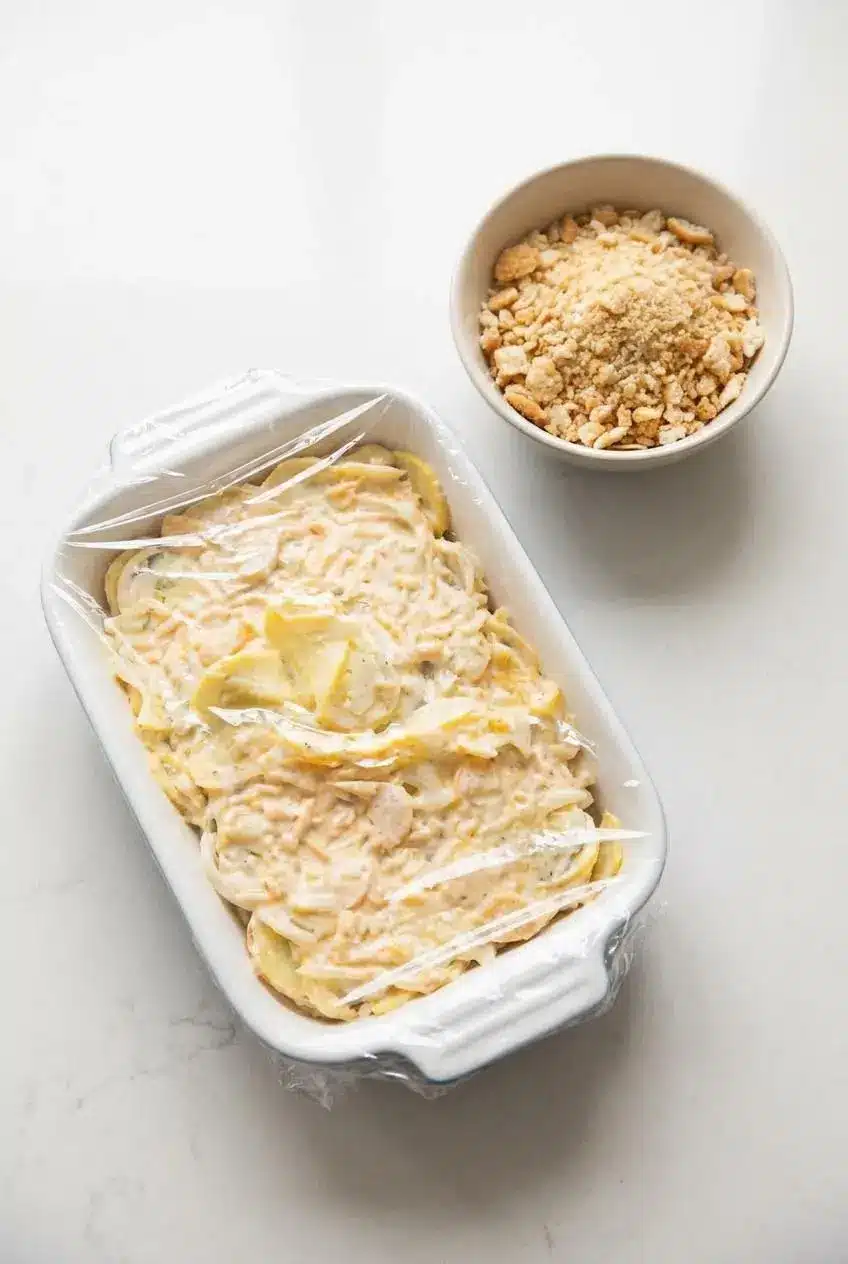 Prepared squash casserole base covered with plastic wrap next to a bowl of crushed buttery crackers on a quartz counter.