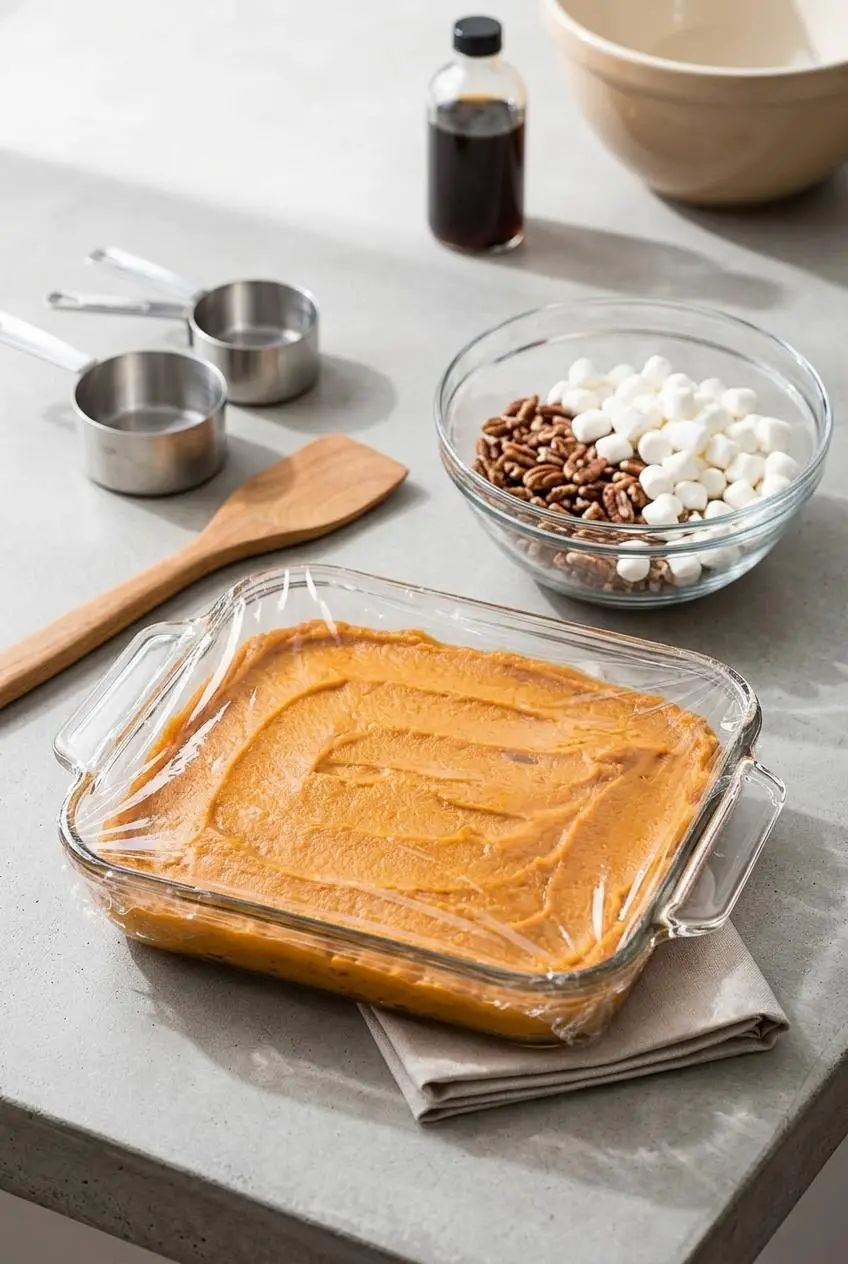 Smooth sweet potato base in a baking pan next to a bowl of mini marshmallows and chopped pecans.