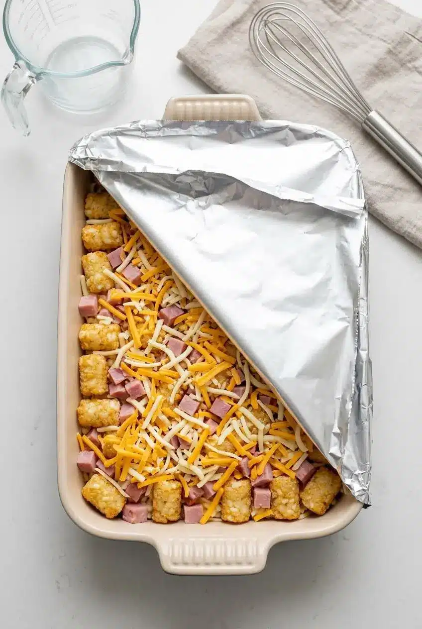 Assembled tater tot breakfast casserole in a 9x13 baking dish covered halfway with aluminum foil for make-ahead prep.