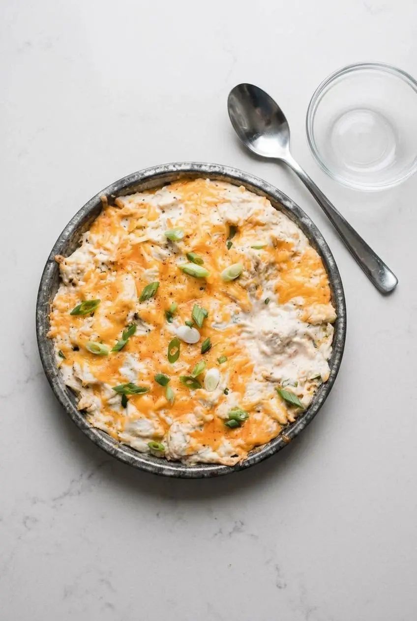 Unbaked crab dip assembled in a baking dish with shredded cheddar cheese ready for make-ahead chilling.