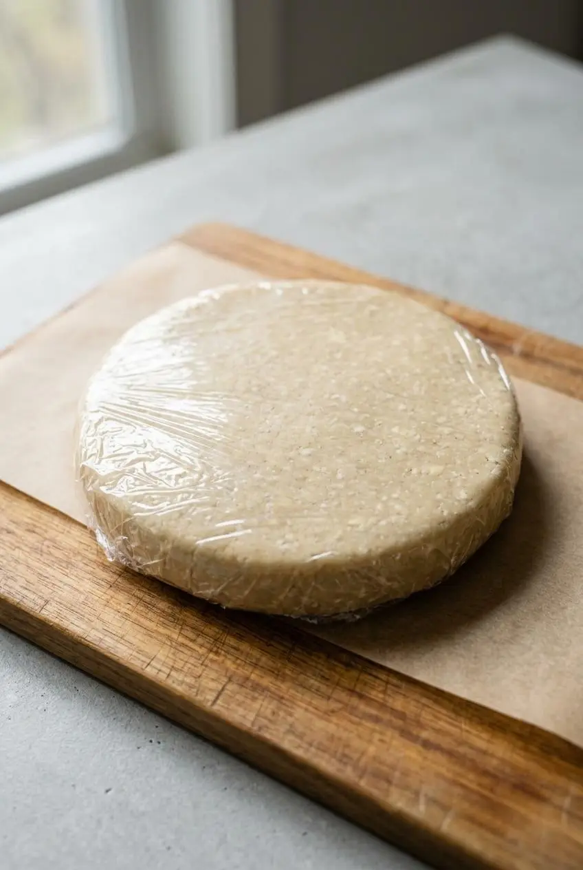 Raw disk of gluten free pie dough wrapped in clear plastic wrap on a wooden board for make-ahead storage.