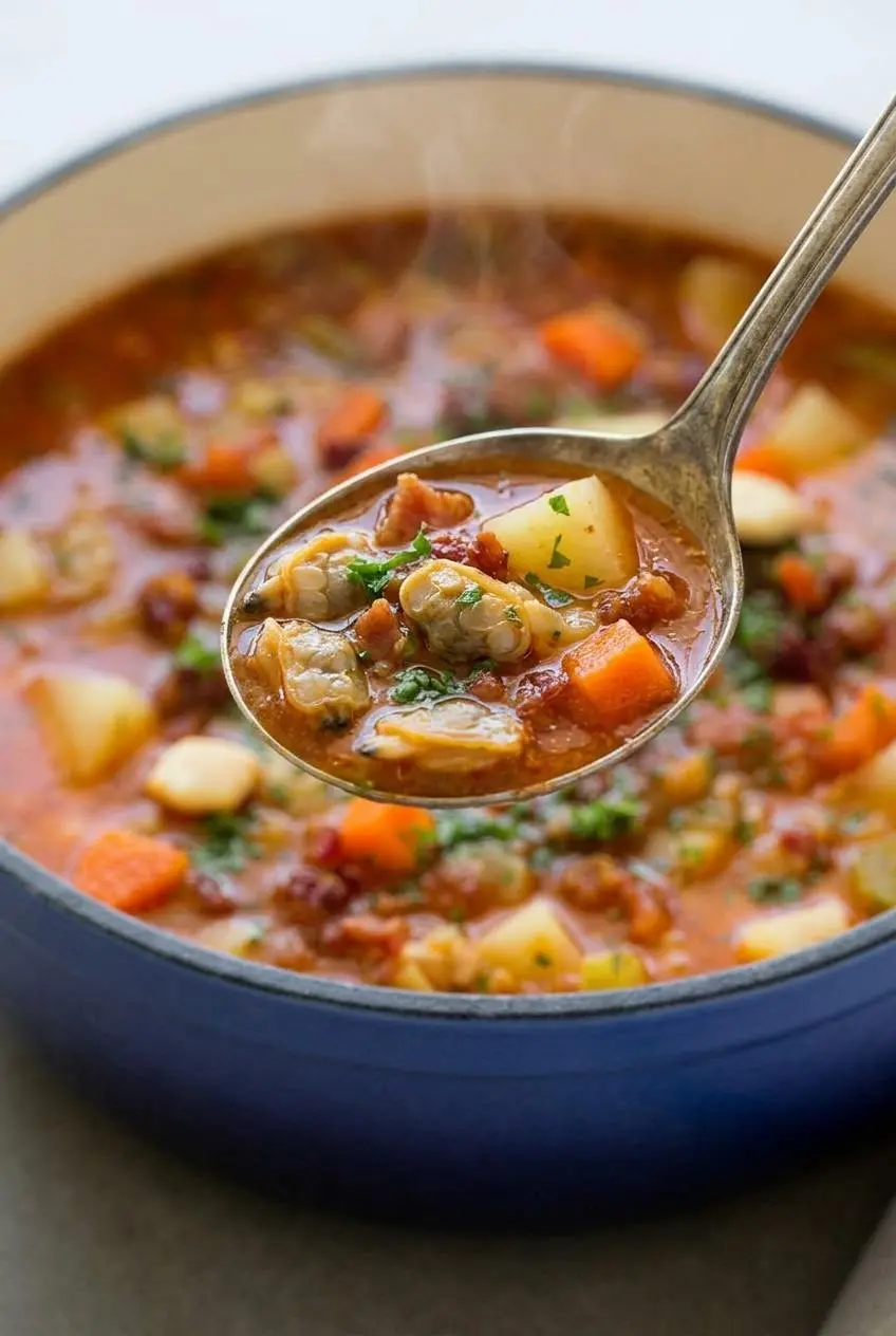 Spoon lifting rich red Manhattan clam chowder with tender clams, diced potatoes, carrots, and bacon bits.