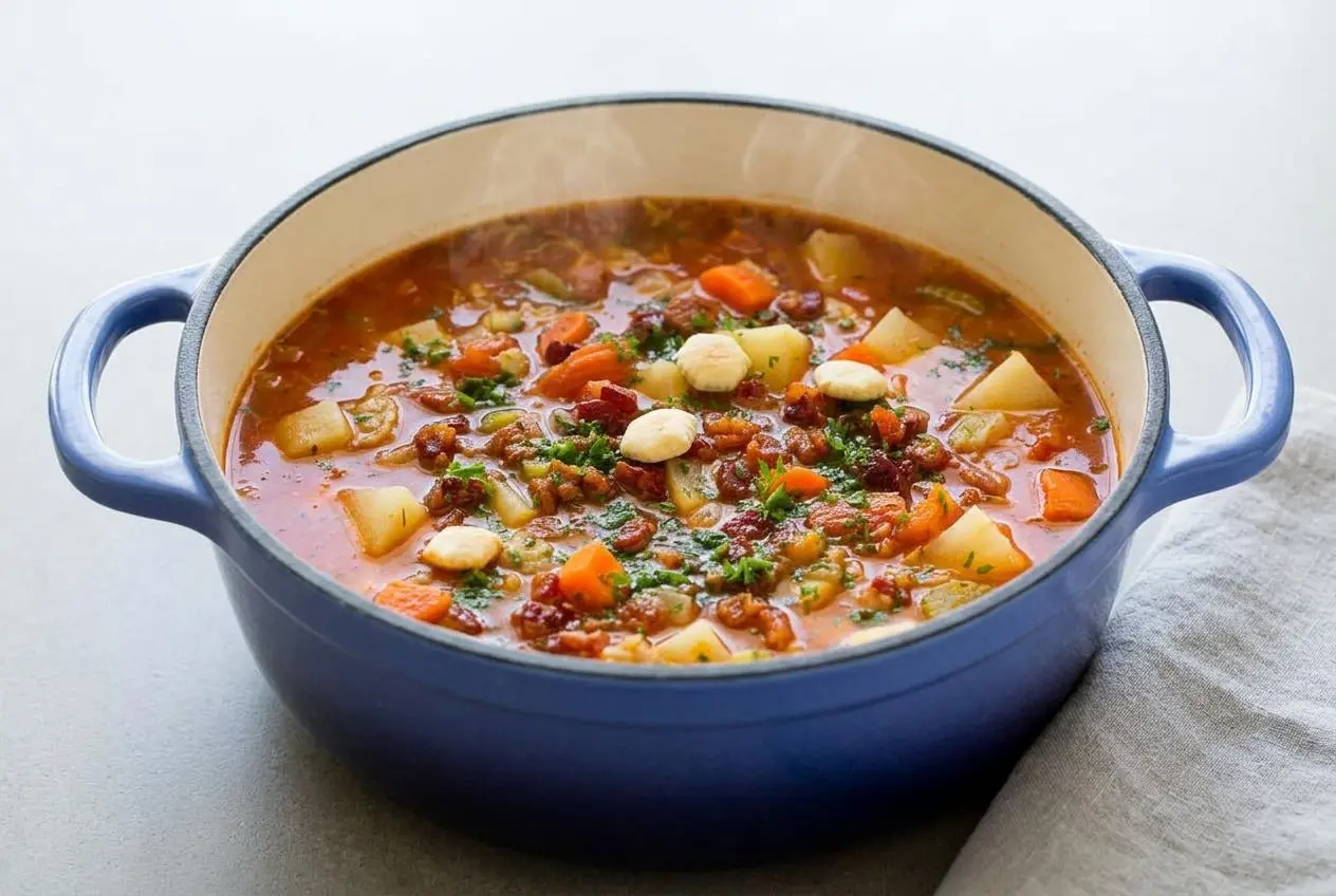 Manhattan clam chowder in a rustic bowl with savory tomato broth, tender potatoes, and crispy bacon.