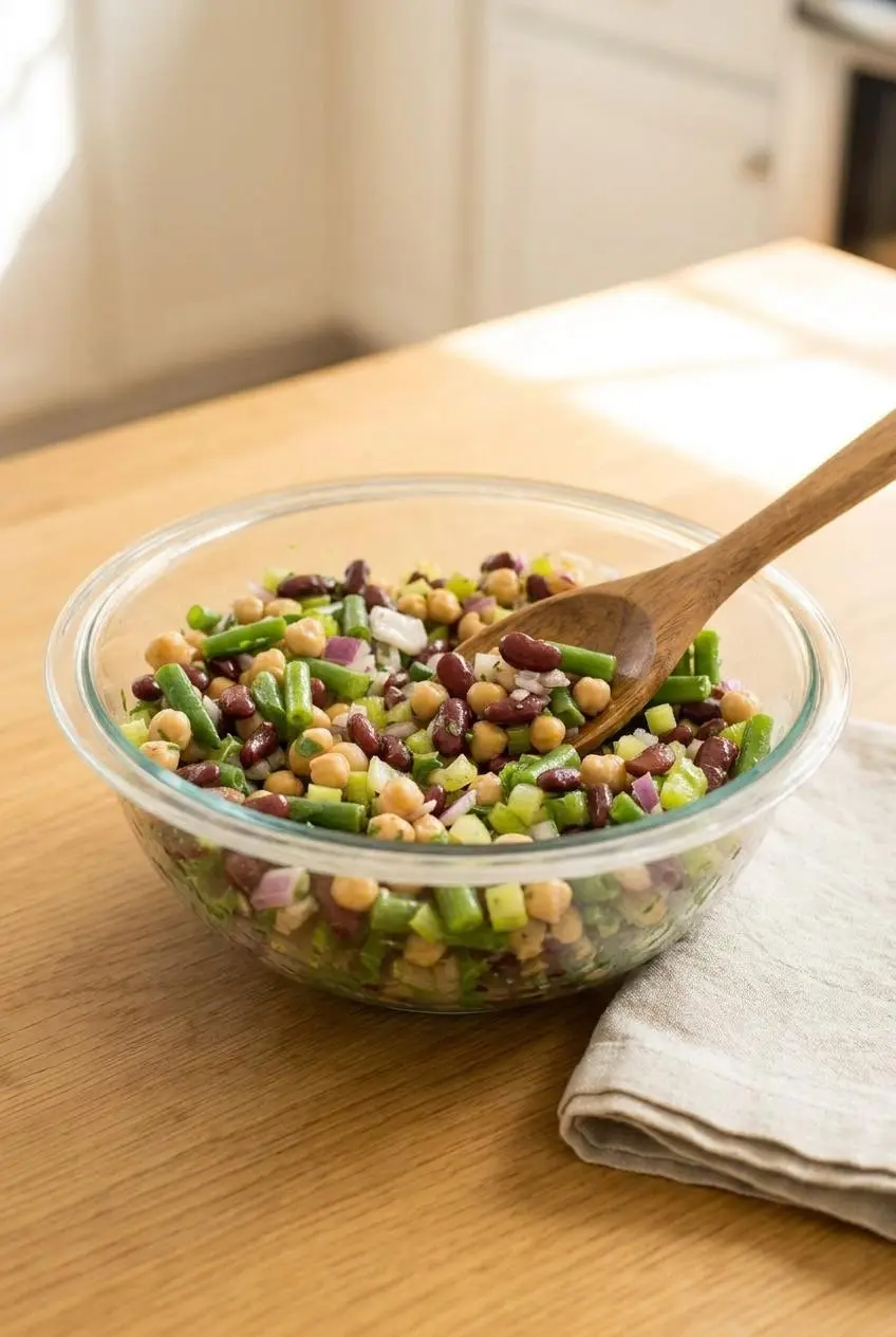 Classic three bean salad served in a clear glass bowl on a wooden table with a wooden spoon.
