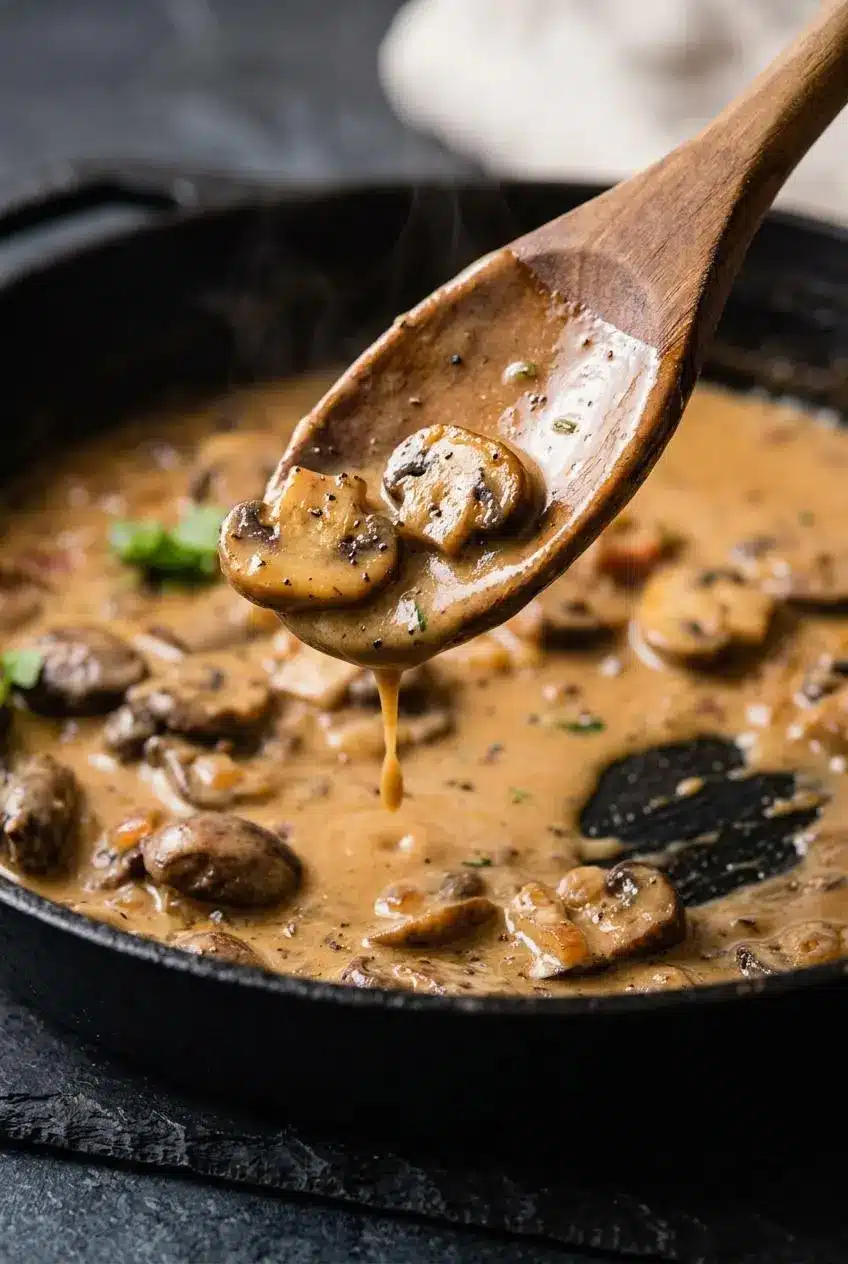 Wooden spoon lifting thick, velvety marsala sauce with cremini mushrooms to show spoon-coating consistency