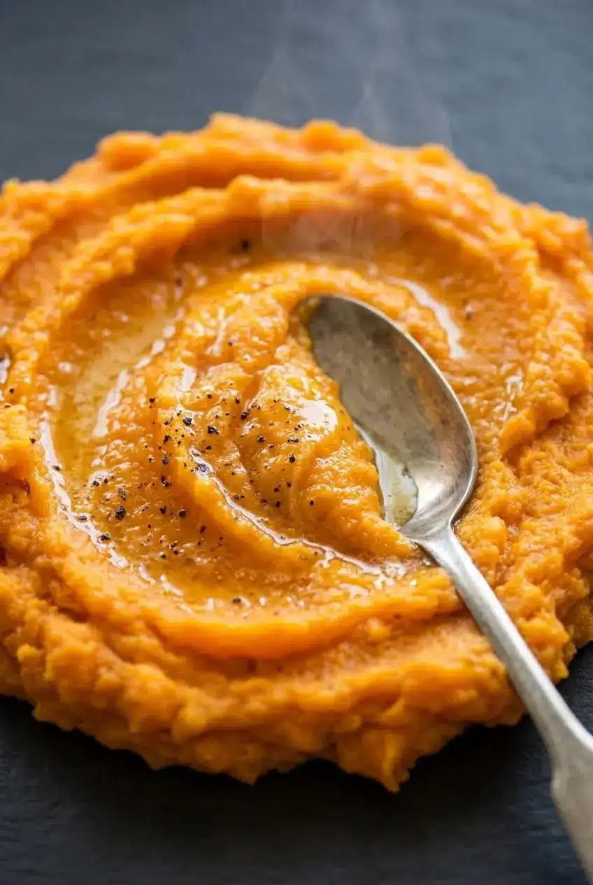 Close-up of a silver spoon scooping velvety mashed sweet potatoes with melted butter.