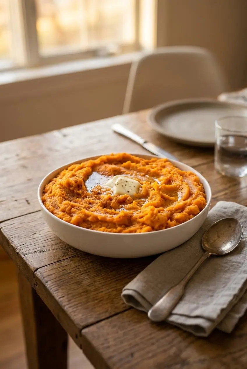 Ceramic bowl of mashed sweet potatoes on an oak dining table set for a family dinner.