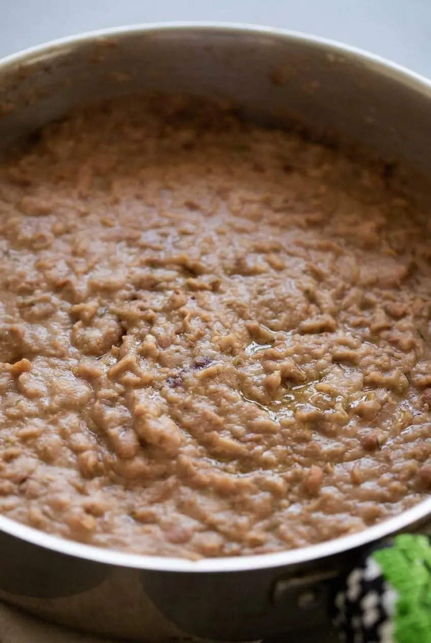 Velvety texture of mashed pinto beans glistening with olive oil in a dark cast iron skillet.