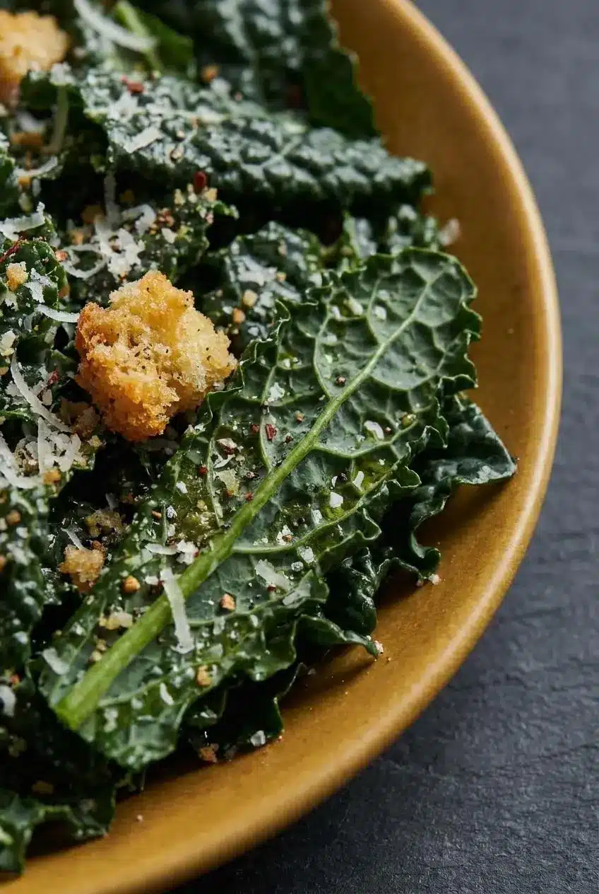Close-up of dark green massaged Lacinato kale ribbons coated in olive oil, grated Pecorino, and red pepper flakes.