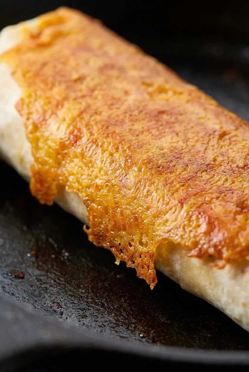 Close-up of a lacy, bubbling golden-brown cheddar cheese crust adhering to a toasted flour tortilla in a skillet.