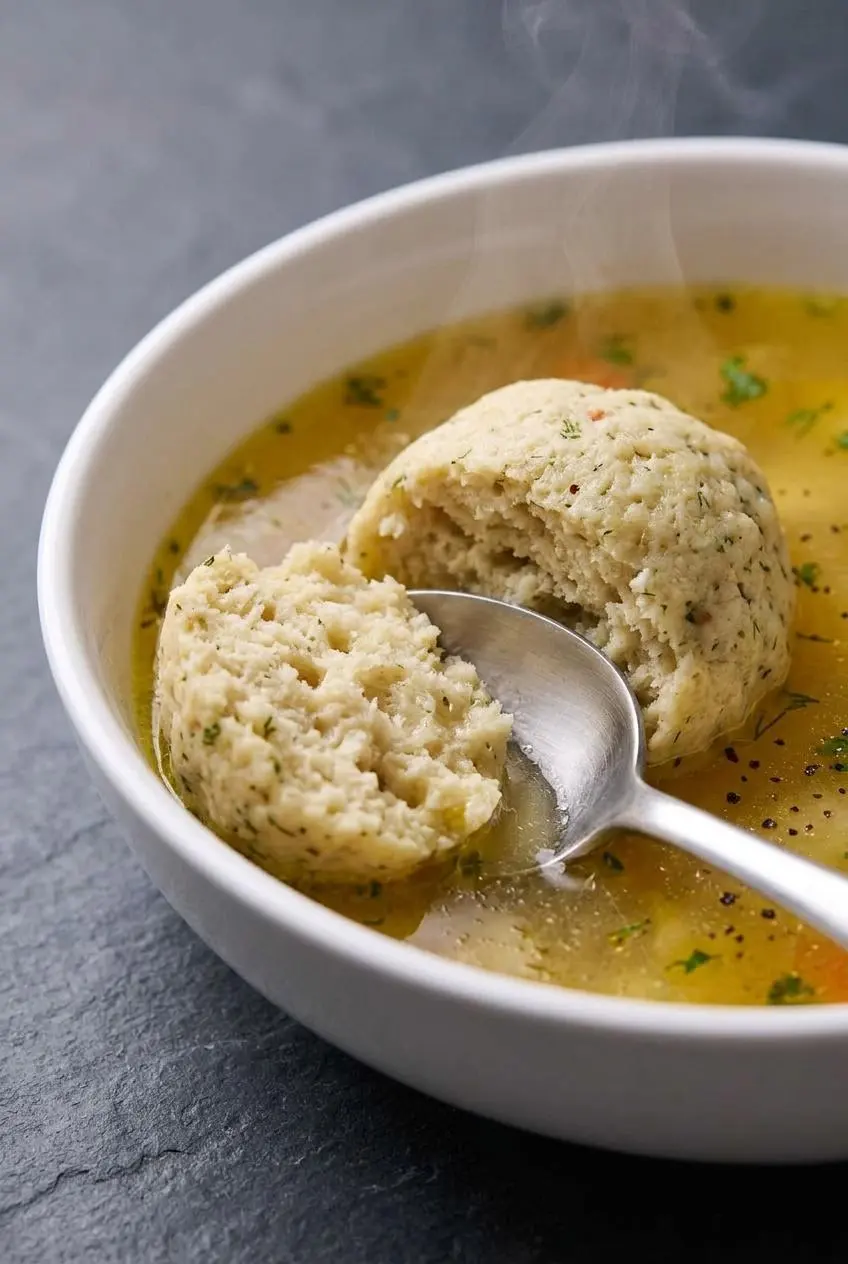 Close-up of a fluffy matzo ball sliced open with a spoon, showing a soft, porous interior in golden broth.