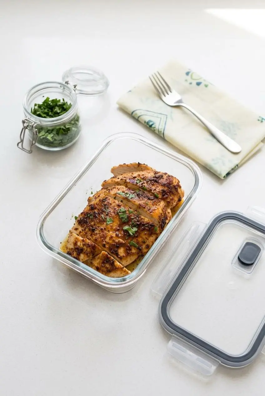 Sliced baked chicken breast stored inside a clear glass meal prep container.