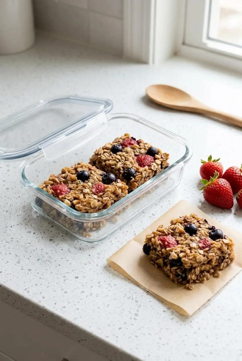 Sliced baked oatmeal squares portioned inside a glass meal prep container and parchment paper.
